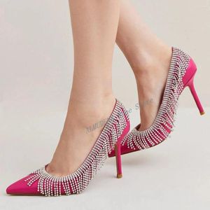 Kleiderschuhe Fuchsia Quastel spitzer Zehen Stiletto Pumps Strass flacher Slip auf Mode 2024 Frühlingsfrauen dünn