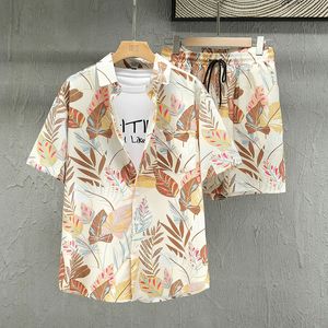 Summer Sets Causal Short Sleeve Leaf Beach Shorts Sportswear Turn Down Collar Shirt 2 Piece Tracksuits for Men Clothing XXXXXL 240423