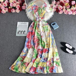 Scheming Cross Elastic Slim Fit Long Design Tie Dyed Printed Goddess Style Large Swing Dress Holiday 025