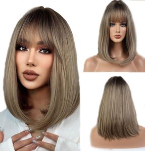 Perücke für Frauen schwarze Wurzel Ombre Blonde braune Perücken mit Pony Bob Medium Short gerade Frau Synthetisches Haar6593035