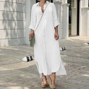 基本的なカジュアルドレスプラスサイズコットンリネンレディースロングスカート2023秋プラスサイズベスティドシャツ女性ゆるい白い黒いドレス2405