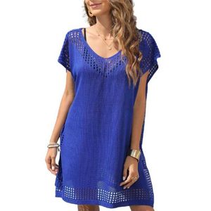 Basic Casual Dresses Summer Beach Style Solid Color Dress Women V Neck Hollow Out Split Hem Dresses Female Beach Coveralls Holiday Casual Loose Gown Y240429