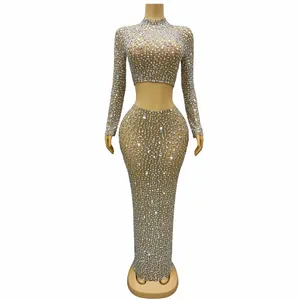 Stage Use Luxo Silury Silas Full Rhinestones Mangas compridas Top Salia Celebrate Dance Dançarina Prom Vestido de Aniversário Bersume Beibei