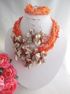 Brincos de colar Conjunto de venda !!Mercas de pétalas rosa de casamento africano coral com pulseira e brinco para mulheres 20 