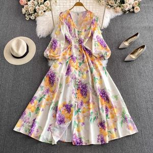 Günlük elbiseler yüksek kaliteli bahar moda pisti tatil maxi elbise kadınlar uzun fener kolu çiçek baskı düğmeleri parti vestidos