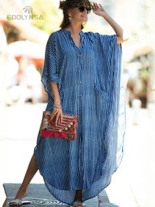 فساتين الحفلات 2024 المسببة المخطط V-teac Button Front Open Summer Beach Dress Blue Tunic Women بالإضافة إلى حجم الملابس Maxi Q1097