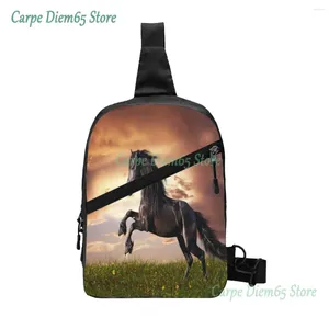 Backpack Sling Bag Black Friesian Horse Gallop Chest Package Crossbody for Cycling Travel caminhada