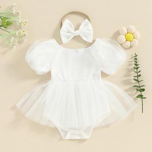 Rompers 0-18 Months Girls Summer Romper Dress Kort puffhylsa tyll spädbarnsbodysuit med pannband