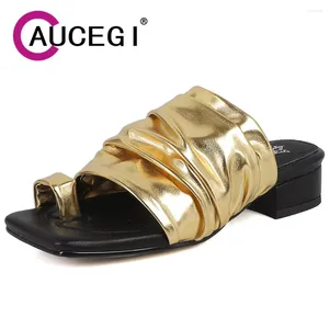 Dress Shoes Aucegi Design Gold Women Slipper Elegant Clip Square Toe Low Heels Sandal Pleated High Quality Slip On Office