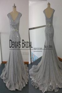 2017 Grey baile vestidos sereia / decote de decote de decote de decote de miçangas sobre o tulle de renda para o tribunal de renda vestidos de noite imagens reais4125624