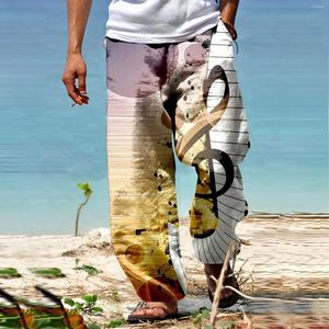 Men's Pants Male Summer Beach Elastic Drawstring Breathable Linen Like Trousers Printed Comfort Tether Straight Leg