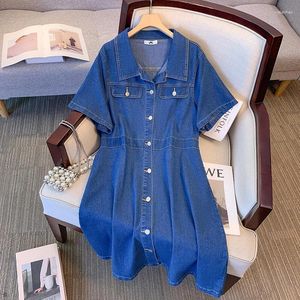 Plusstorlek klänningar 150 kg kvinnors sommar lös kortärmad polo krage spakett arbetskläder denim skjorta klänning blå stor 6xl 7xl 8xl 9xl