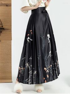 Skirts Luxurious Black Floral Printed Pleated Long For Women Chinese Style Modified Hanfu Horse Face Skirt Elegant