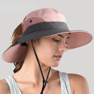 BERETS Sun UV Protection UPF 50 모자 양동이 여름 여름 여성 대형 넓은 가음 밥 체인 스트랩 야외 낚시 하이킹 여성