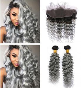 Dark Root 1Bgrey Ombre Indian Virgin Human Hair 2bunds Deep Wave Weaves With 13x4 Full Lace Frontal Stängning Middle 3 Part8142180