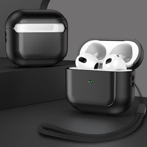 AirPods 3 CASE의 경우, AirPods Pro 2의 충격 방지 가죽 전기 도금 하드 케이스, 끈으로 무선 숯 덮개를 지원하십시오.