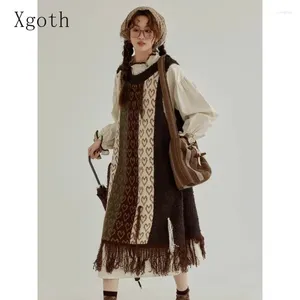 Work Dresses Xgoth Retro Women Dress Set Stand Collar Patchwork A-line Jacquard Tassel Straight Vest Skirts Korean Two Piece Sets