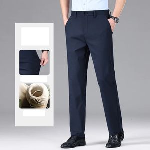 Linen Solid Color Mens Casual Pants for Spring Summer and Loose Straight Leg Dad Business Suit Navy Blue 240428