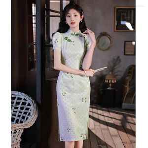 Этническая одежда лето улучшенное платье для женщин Qipao Green Vintage Elegant Slit Mold Style Casual