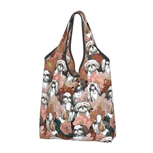 Shopping Bags Cute Hih Tzu Dog Flowers Women Girls Tote Folding Eco-friendly For Outdoor Recyclable Grocery One Size