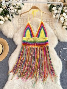 Tekerin Halter Tatil Camisole Kadınlar Kolsuz Sırtsız Seksi Tank Bohemian Retro Hook Çiçek Hollow Out Tassel Üstler 240430