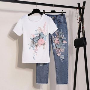 Kvinnors tvåbitar byxor mode t-shirt denim kostym sommar flicka broderi paljetter tre blommor kort ärm t-skjorta rippade fancy kostymer