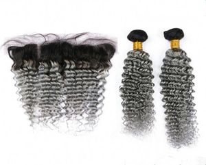 Deep Curly Wave 1Bgrey Ombre 13x4 Spitzen -Frontalverschluss mit 2Bündeln 3pcs Lot Ombre Silbergrau Peruaner Virgin Hair Schuss mit F95296843