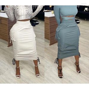 Skirts Women's Pencil Skirt Solid Color High Waisted Pleated Lace Up Mid Length Waist Pocket Sexy