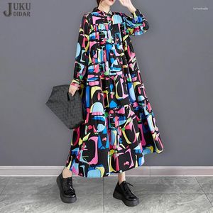 Casual Dresses Korean Style Spring Woman Full Sleeve Long Printed Fashion Dress Loose Fit Chic Ladies Big Size JJXD716