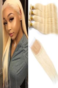 Malezyjskie przedłużanie Virgin Hair Extensions 830 cala Blondynka 613 4 Wiązki z 4x4 koronkowe zamykanie ludzkich włosów z zamknięciem włosów dla dzieci 2884910