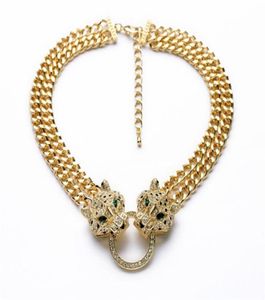 Fashion Jewelry Crystal Setting Chokers Double Layer Chain Leopard Head Pendant Necklace Women Gift Whole Y2009186023772