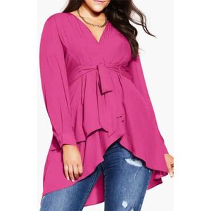 T-shirt femminile femminile plus size rosa casual rosa alta e bassa maniche superiori da donna a forma di pizzo top primavera/estate da donna con scollo a v-scollo topl2405