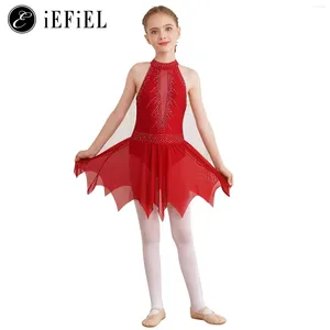 Scene Wear Kids Girls Halter Strappy Back Ballet Dance Dress Kirted Leotard Sparkly Rhinestones Figur Skating Tävling Kostym