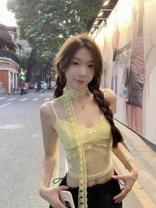 Women's Tanks Korean Streetwear Lace Splicing Solid Color All Match Camisole Women Spring V-neck Polka Dot Hollow Sexy Crop Top With Scarf