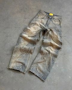 Amerykańskie styl proste spodnie wysoka talia Raw Edge Trendy Brand Oversizes Dżinsy Mężczyźni Y2K Retro Washed Szerokie nogi 240424