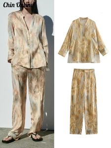 Satin Womens Pants Set Tie Dyed High midja Casual Womens Set Tryckt långärmad skjorta Spring Loose Womens 2-delen Set 240428