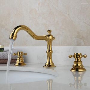 Rubinetti del lavandino da bagno rubinetto del bacino di lusso oro in ottone diffuso a 3 fori doppi manici e tocchi di miscele di gabinetto d'acqua fredda