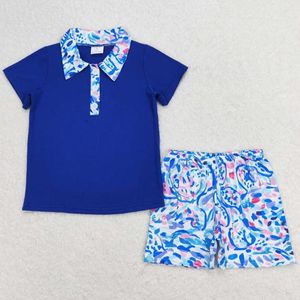 Kläder sätter mode baby pojkar kläder blå blommig skjorta topp shorts sommar barn designer boutique kläder grossist