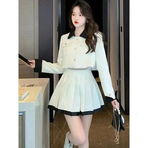 Koreanische Mode kleiner Duftanzug Frauen Patchwork Temperament Top Falten-Rock süße Tasche Aristokratische Herbst-Zweiteilige 240425