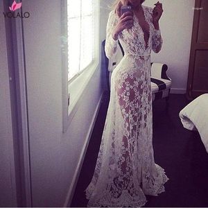 Casual Dresses Volalo 2024 Women Dress Sexy Deep V Neck Party Full Sleeve White Vacation Wear