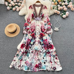 Women Deep V-Neck Bohemian Style Dress Spring Summer Runway Long Sleeve Casual Floral Print Ruffles Sweet Cascading Vestidos240416