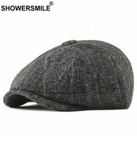 Shower Tweed Newsboy Cap Men Wool Herringbone Flat Cap Winter Grey Striped Male Brytyjski styl Gatsby Hat Regulble20043854990766