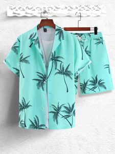 Menina de pista masculina de verão e manga curta feminina Conjunto de camisa de planta tropical Palm Tree Print Fashion Botão de lapela top shorts