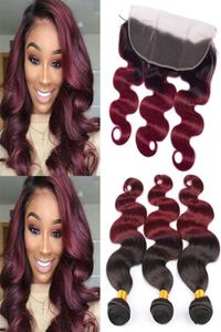 Indian Human Hair Body Wave Bundles With 13X4 Lace Frontal 1B99j Ombre Hair Extensions 4Pcs One Lot 1B 99J wine red8816471