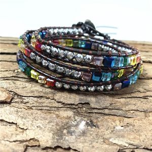 Multilayer Leather Wrap Bracelets vintage ethnic Handmade Color Crystal Beads Natural Stone Bracelet men women jewelry wholesale 240417