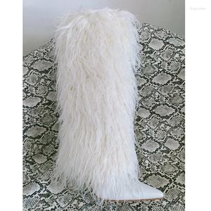 Boots Winter Pink Black White Curly Fur Knee High Stiletto Heel Pointed Toe Women Slip On Fluffy Tube Long Shoes