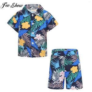 Kläder sätter barn pojkar sommar avslappnad tryck skjorta med shorts set strand semester hawaii outfit dagliga skolpicknick kostym streetwear