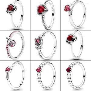 Cluster Rings 925 Silver Red Series Sparkling Zircon Eternity Circle Ring Pandor for Women Wedding Valentine's Day Gift Jewelry
