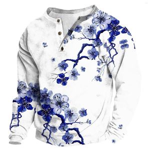 T-shirt di moda con cappuccio maschile esterno retrò a v-collo top top plum blossom stampa a maniche lunghe ropa hombre