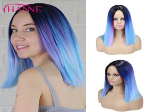 Synthetische Haarperiere Ombre Black to Purple Mix Bluepinkgrey kurze gerade Perücken für Frauen Cosplay oder Party5403538